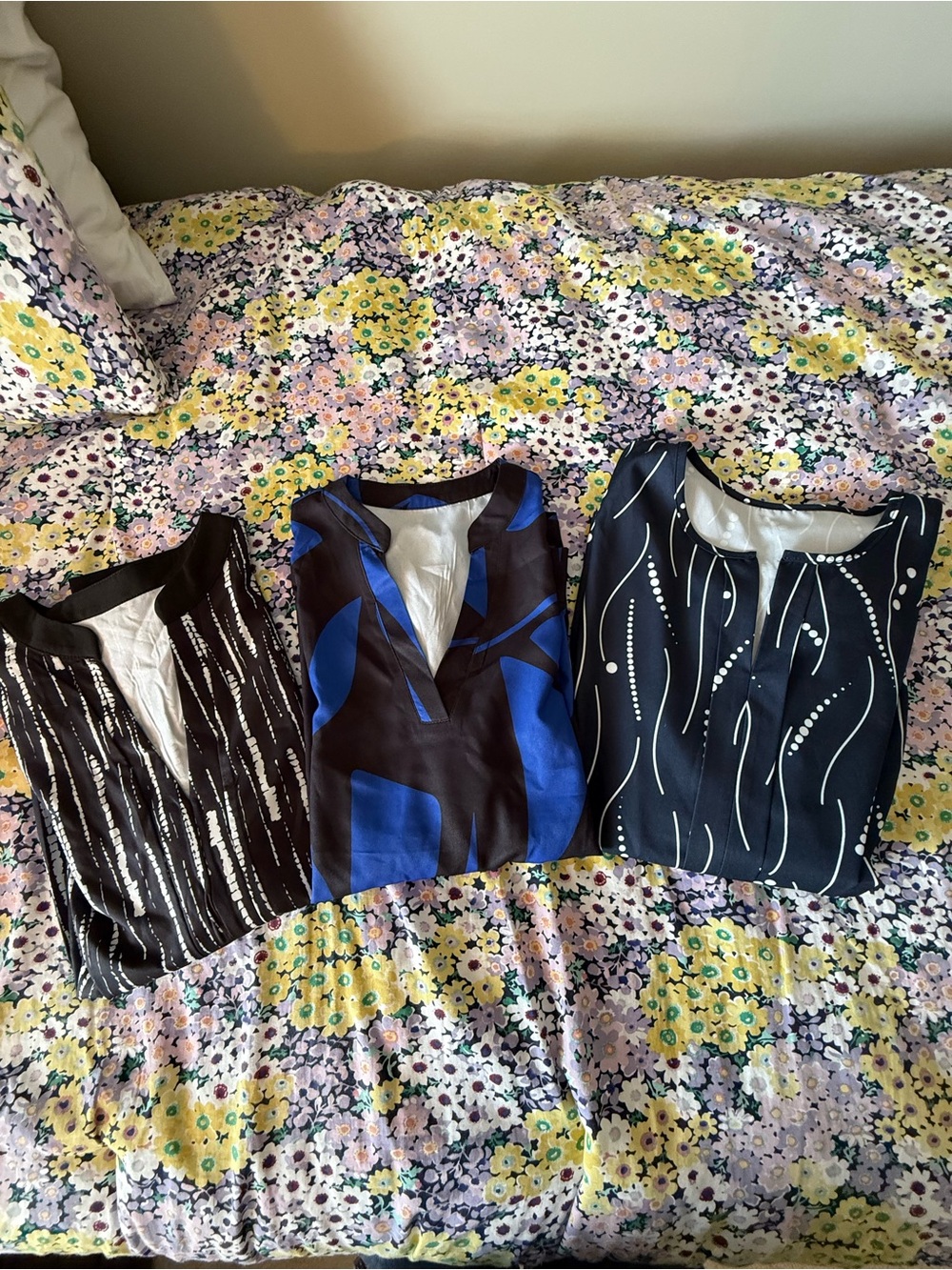 Set Of Three Patterned Long Sleeved Blouses - Black, Blue, Navy NWOT